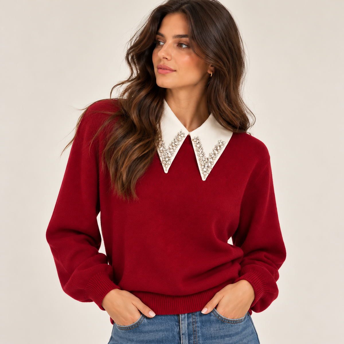 Embellished Collar Knit Sweater in Red, model view