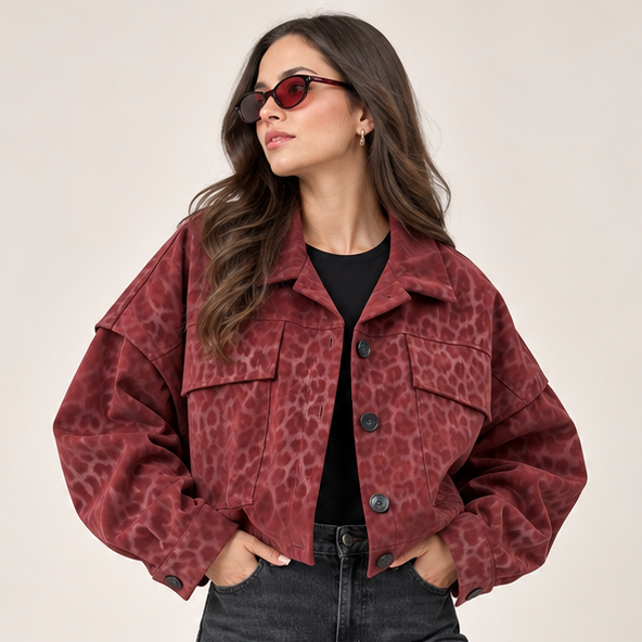 Cropped Tonal Leopard Jacket in Burgundy, front view