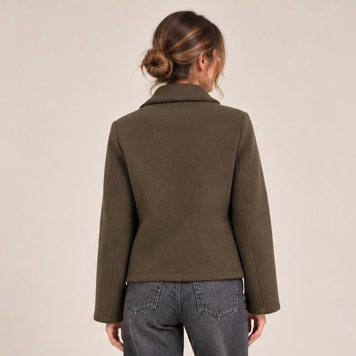 Cropped Round Collar Jacket in Olive Brown, back view