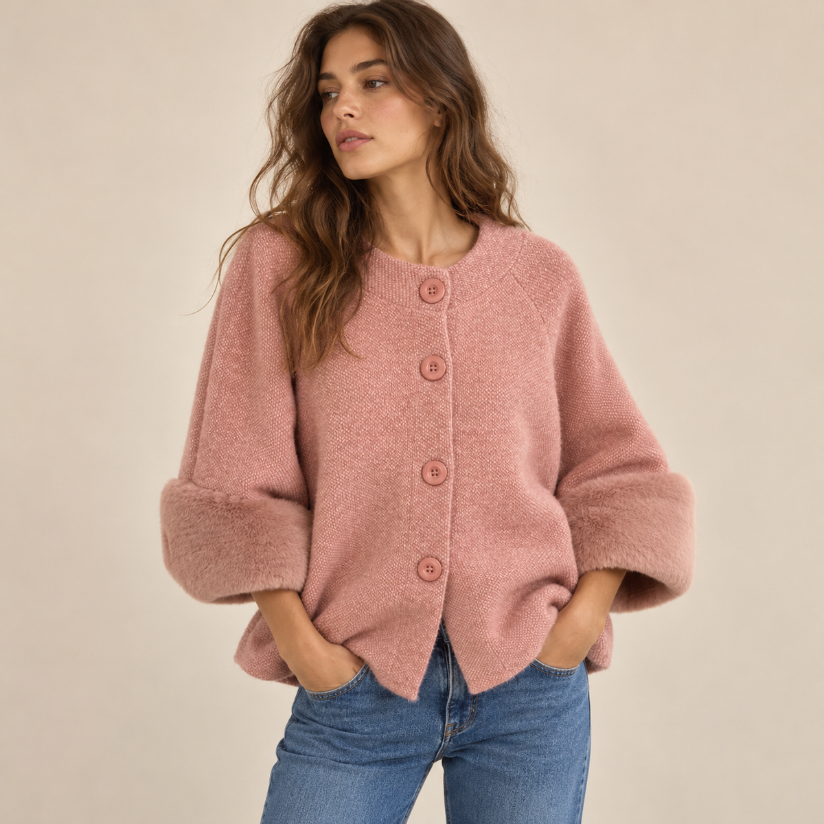 Knit Cape Jacket With Faux Fur Cuffs in Pink, model front view