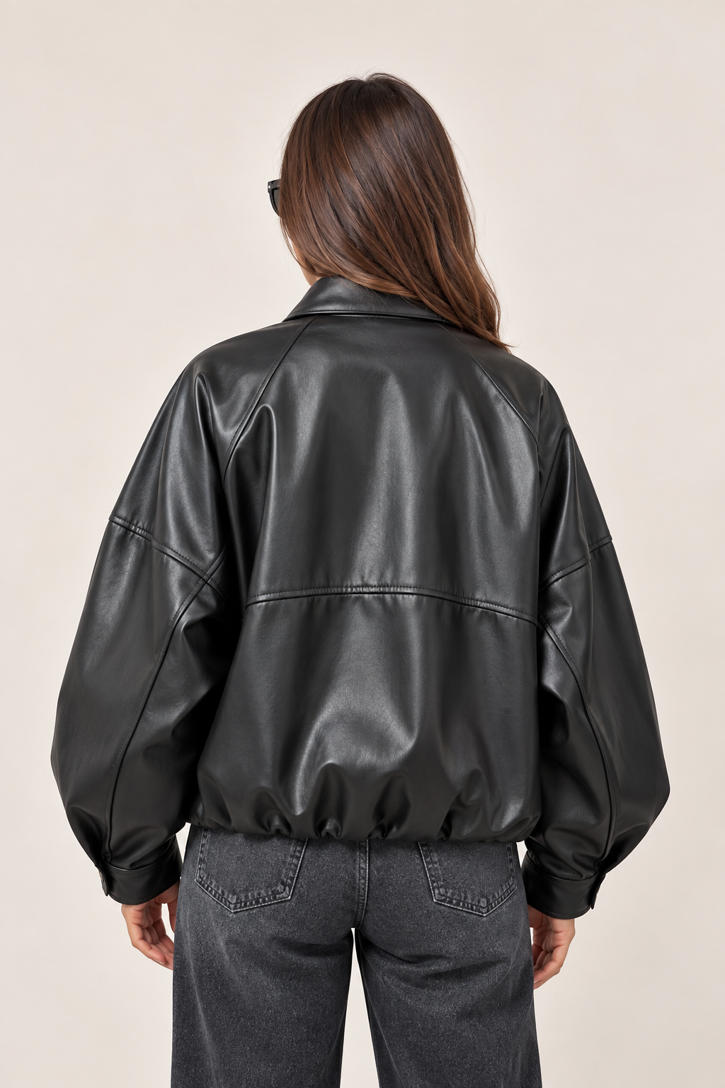 Faux Leather Utility Jacket in Black, back view