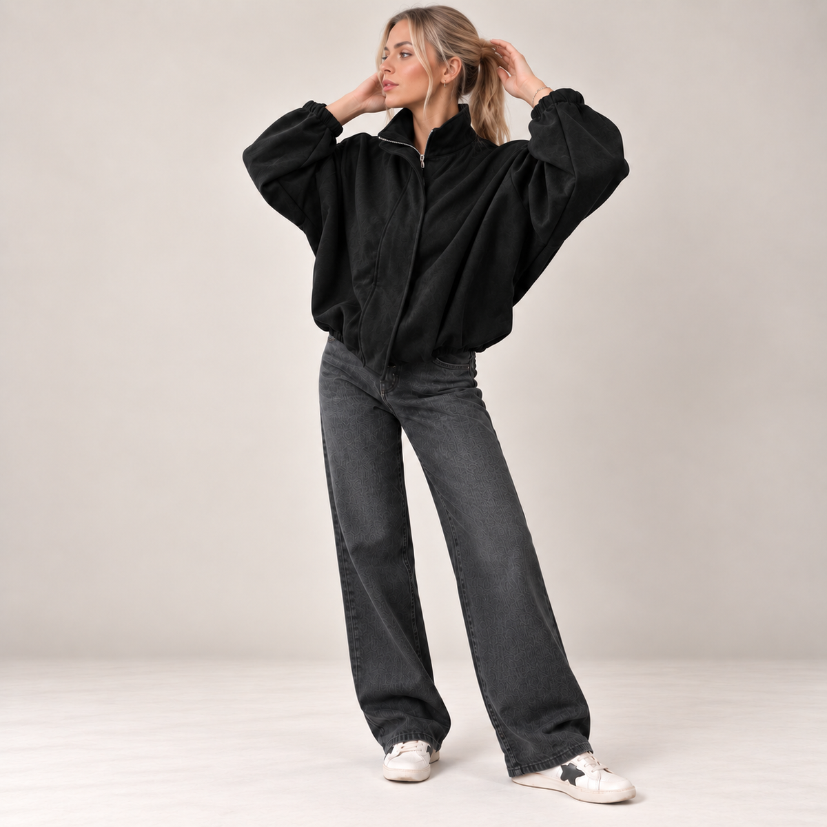 Oversized Bomber Jacket in Black, alternate front view