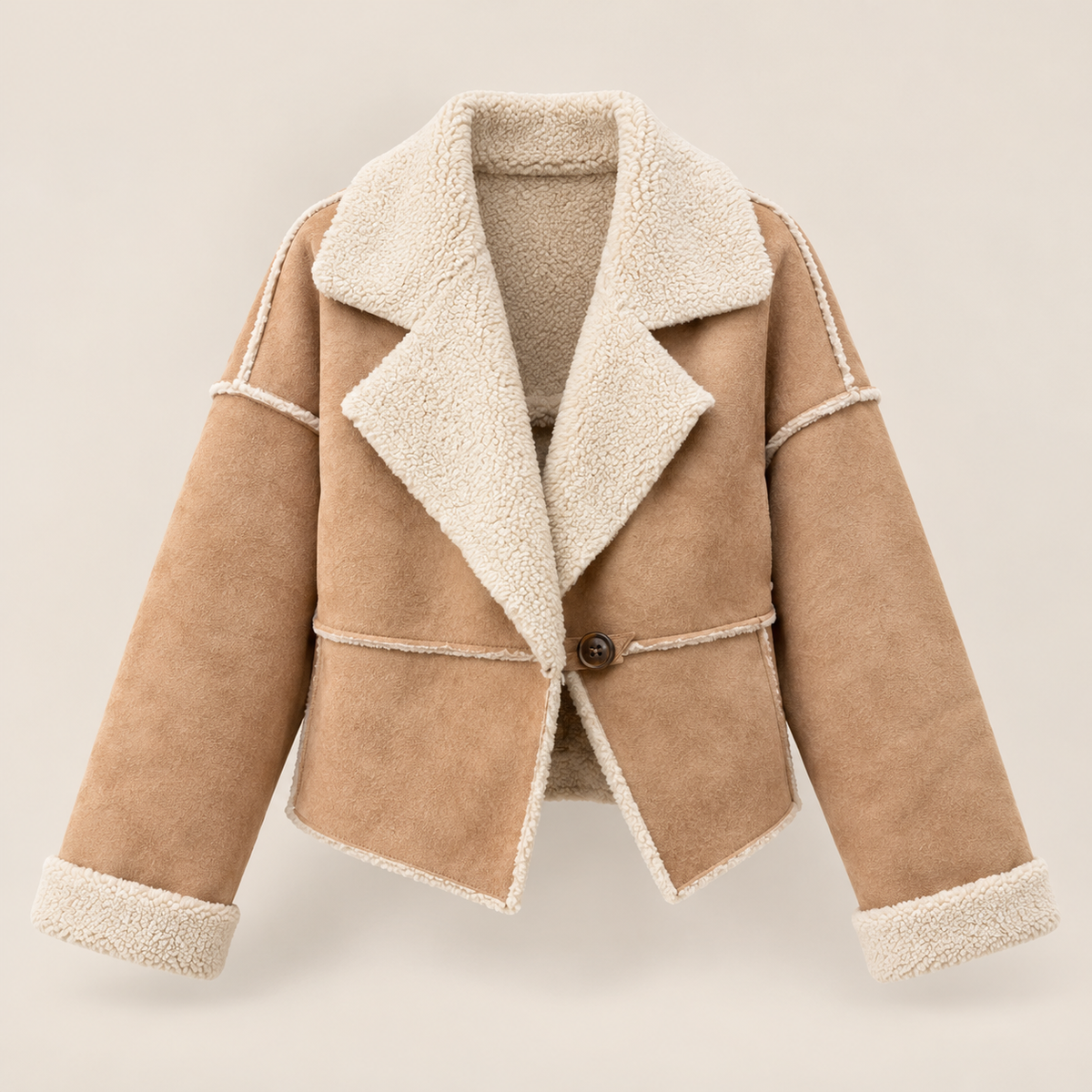 Suede-Effect Jacket With Faux Shearling Collar in Beige, product view