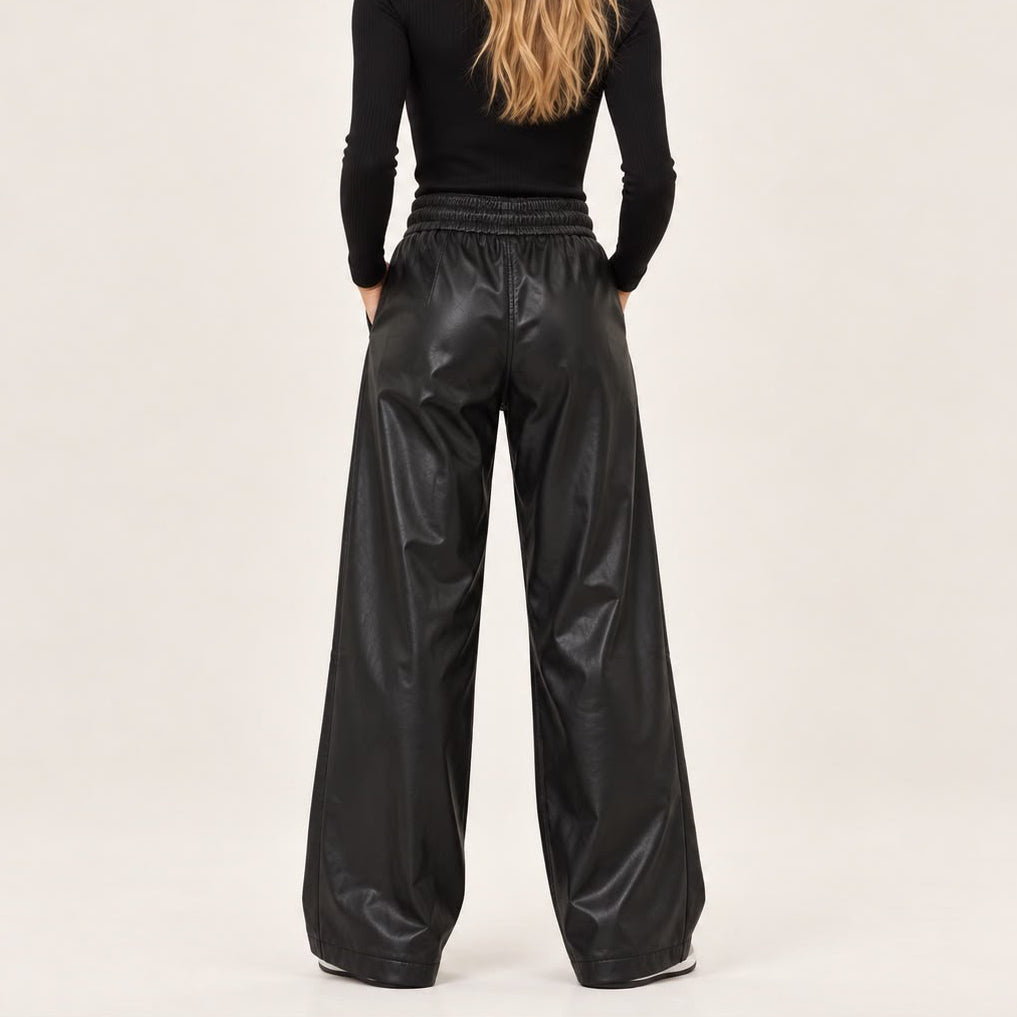 Seamed Faux Leather Drawstring Pants in Black, back view
