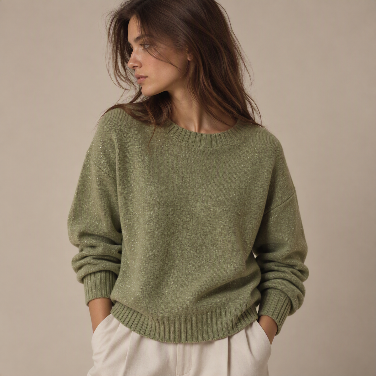 Sparkle Knit Crew Neck Sweater in Light Green, model view