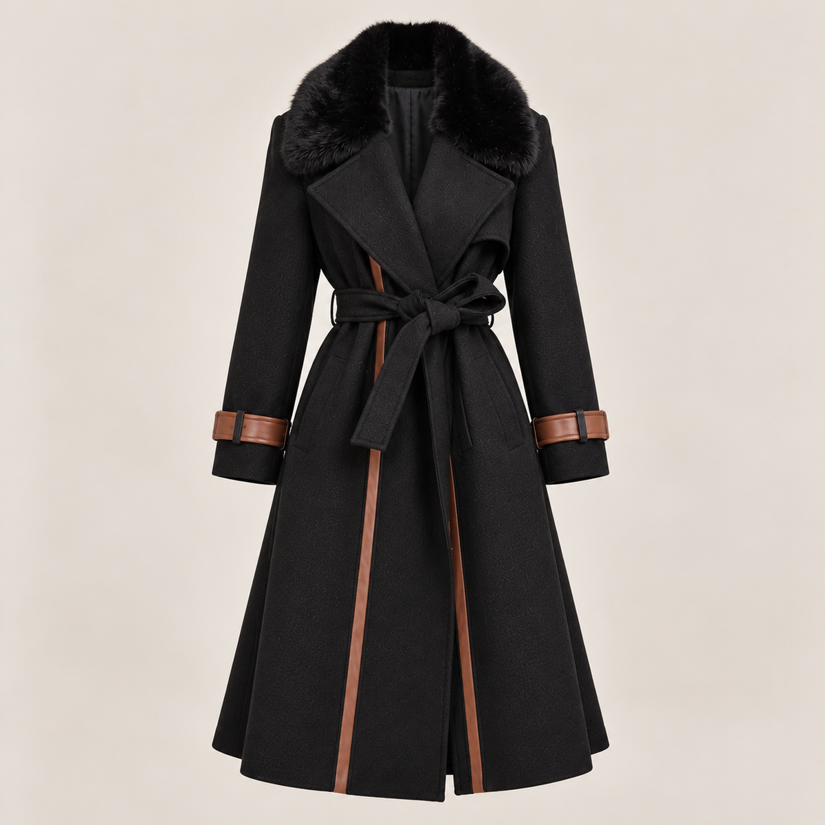 Belted Faux Fur Collar Coat With Contrast Piping in Black, product view