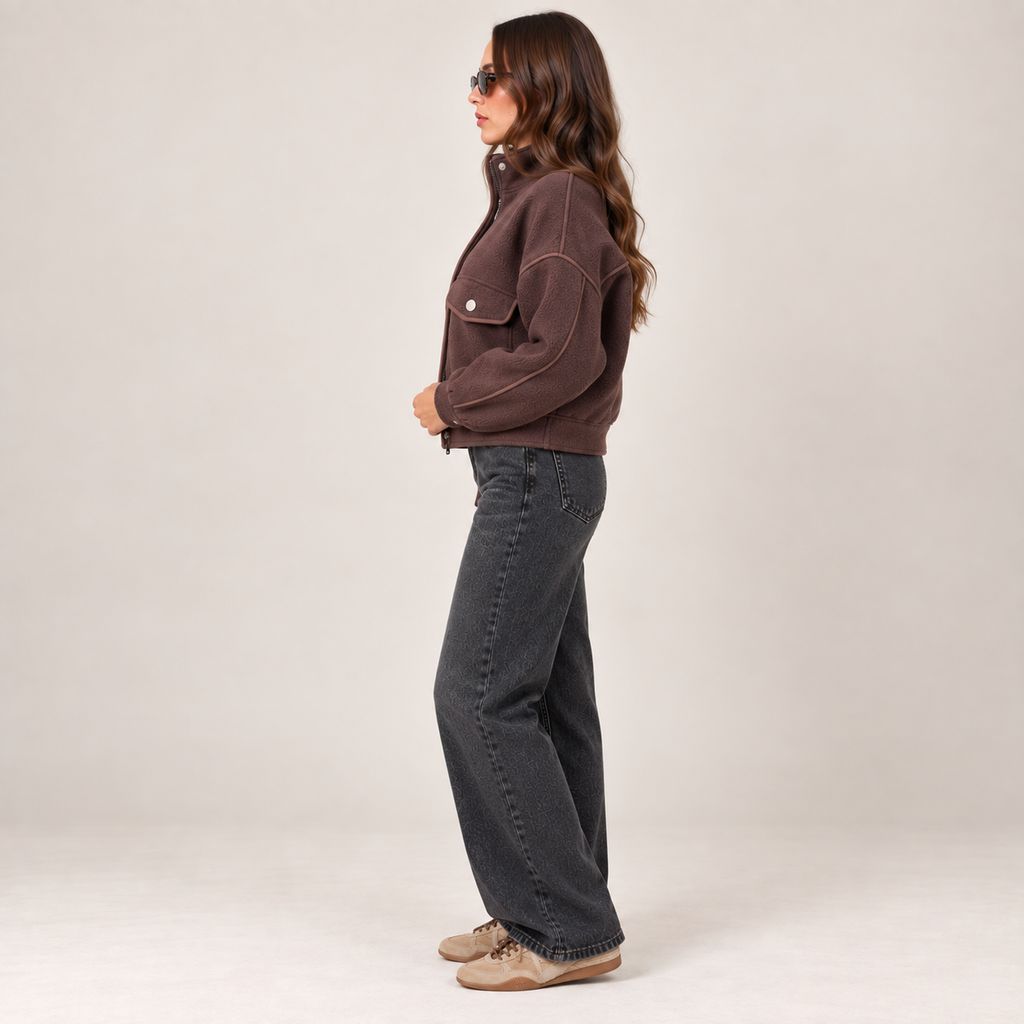 Cropped Piping Detail Jacket in Brown, side view
