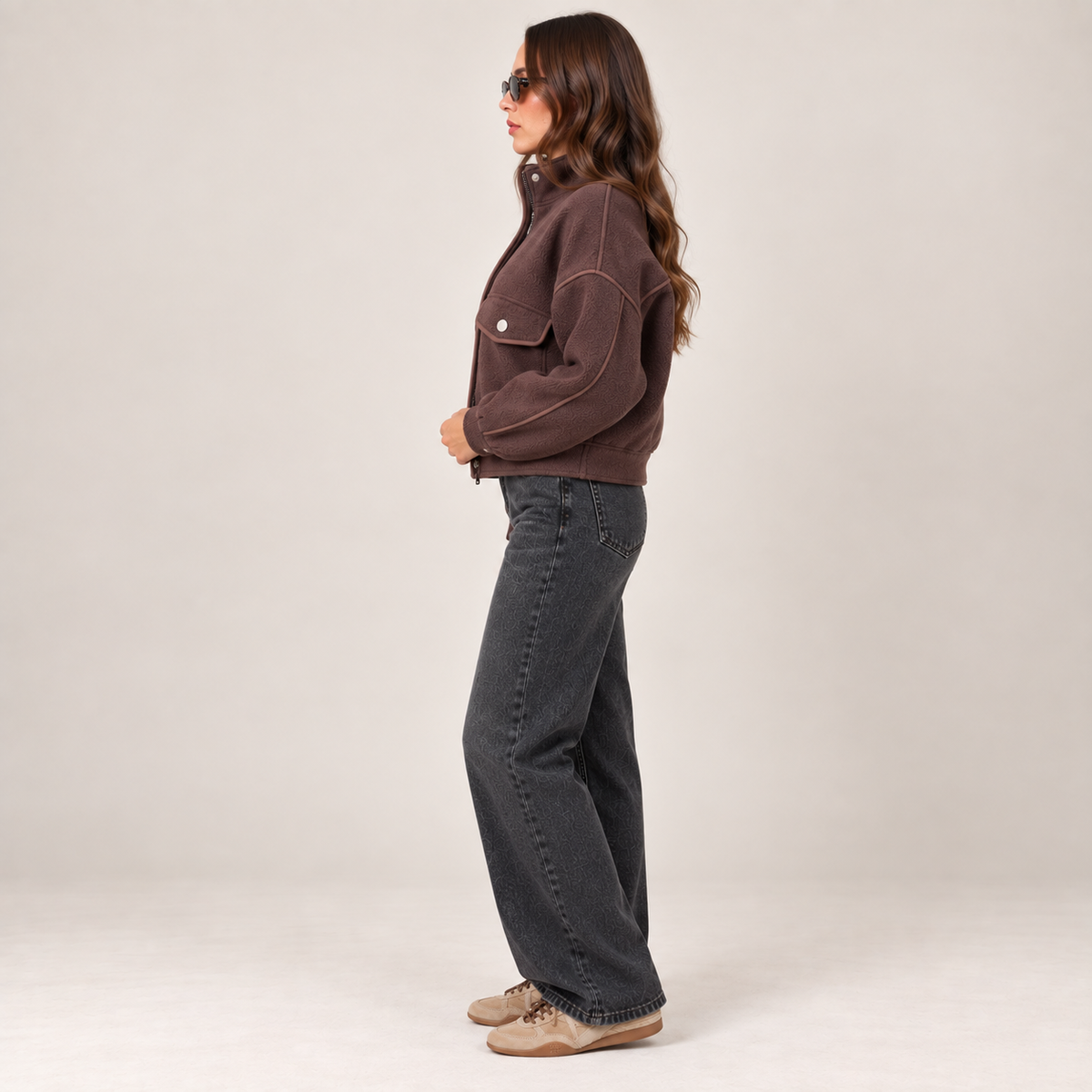 Cropped Piping Detail Jacket in Brown, side view