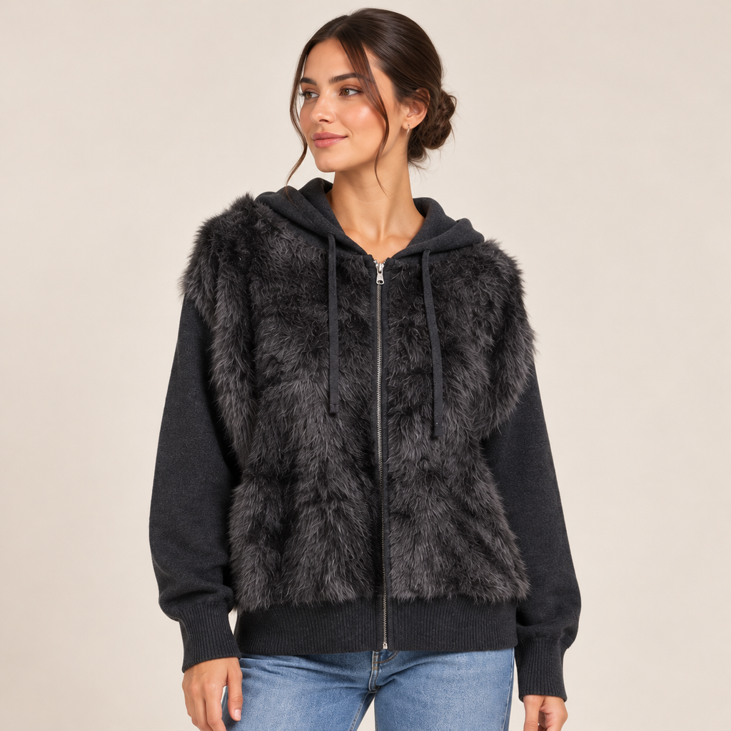 Faux Fur Hooded Zip-Up Jacket in Black, front view