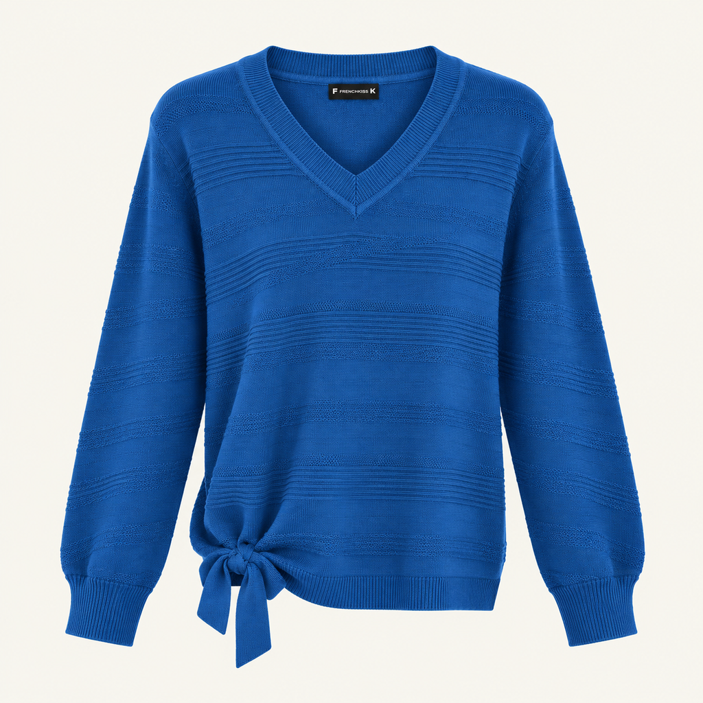 Side-Tie Textured V-Neck Sweater in Blue, product view
