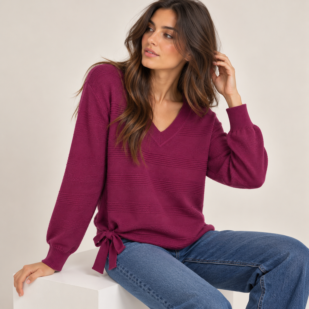 Side-Tie Textured V-Neck Sweater in Berry, model view