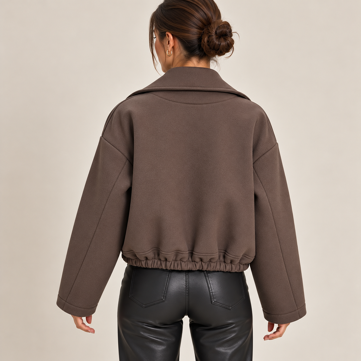 Cropped Double-Breasted Jacket With Wide Lapels in Taupe, back view