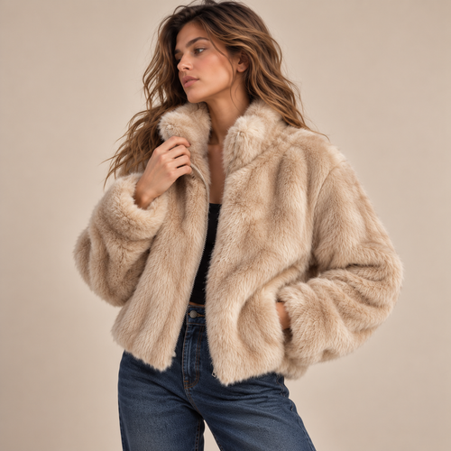 Cropped Faux Fur Zip-Up Jacket in Beige, model front view