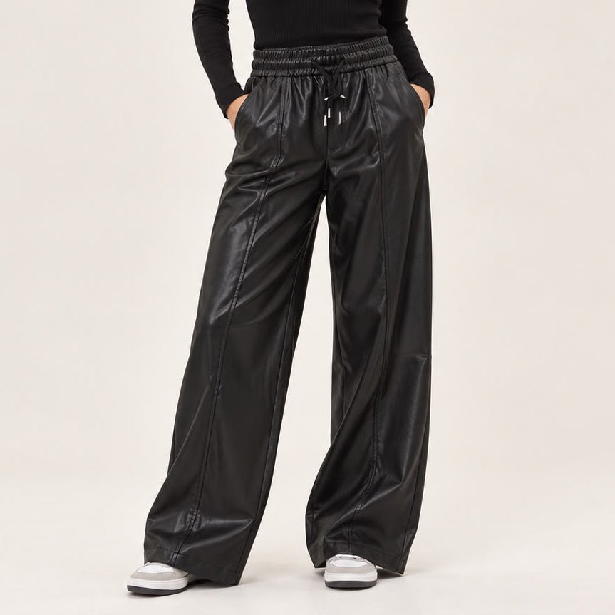 Seamed Faux Leather Drawstring Pants in Black, front view