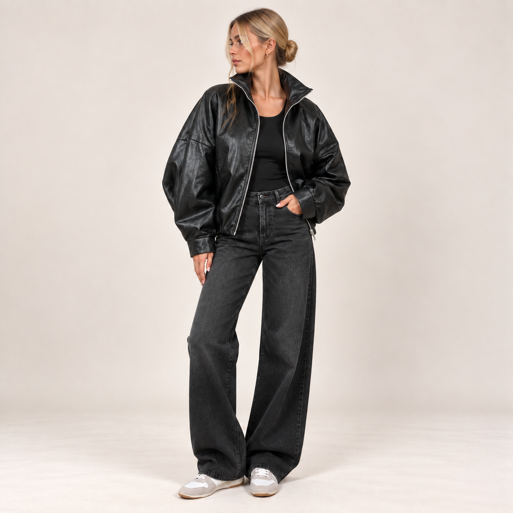 Oversized Faux Leather Bomber Jacket in Black, alternate front view