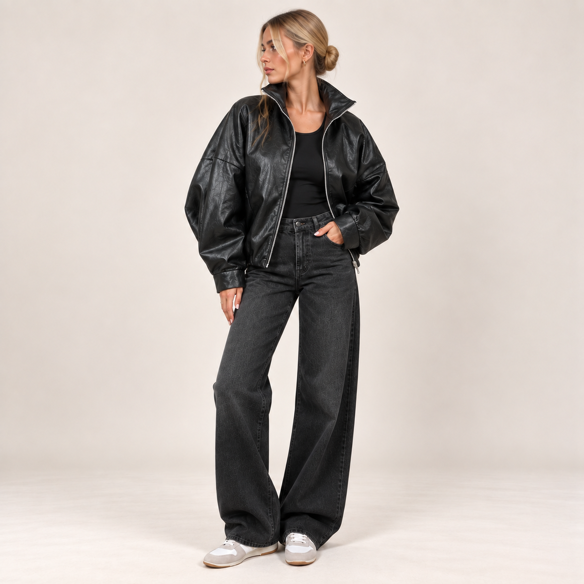 Oversized Faux Leather Bomber Jacket in Black, alternate front view