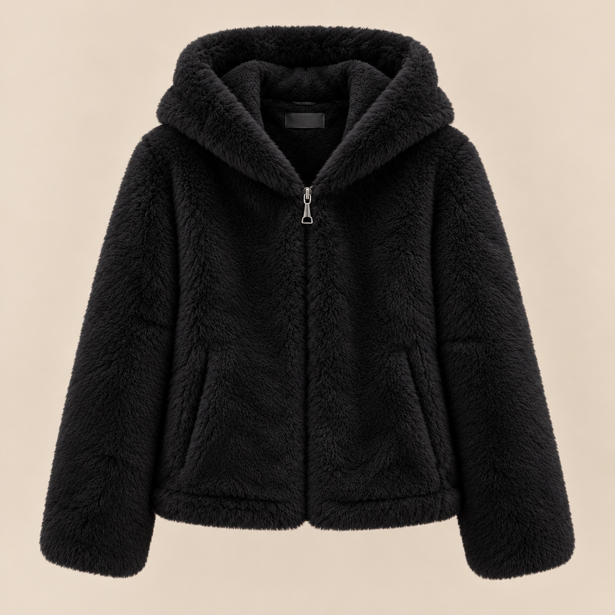 Plush Faux Fur Hooded Jacket in Black, product view