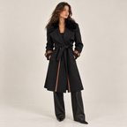 Belted Faux Fur Collar Coat With Contrast Piping in Black, front view