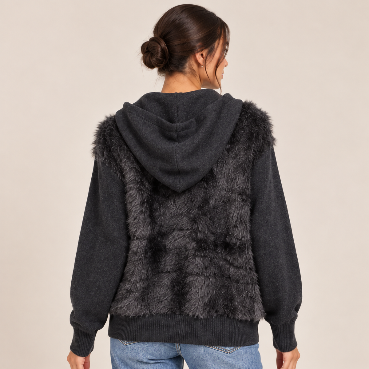 Faux Fur Hooded Zip-Up Jacket in Black, back view