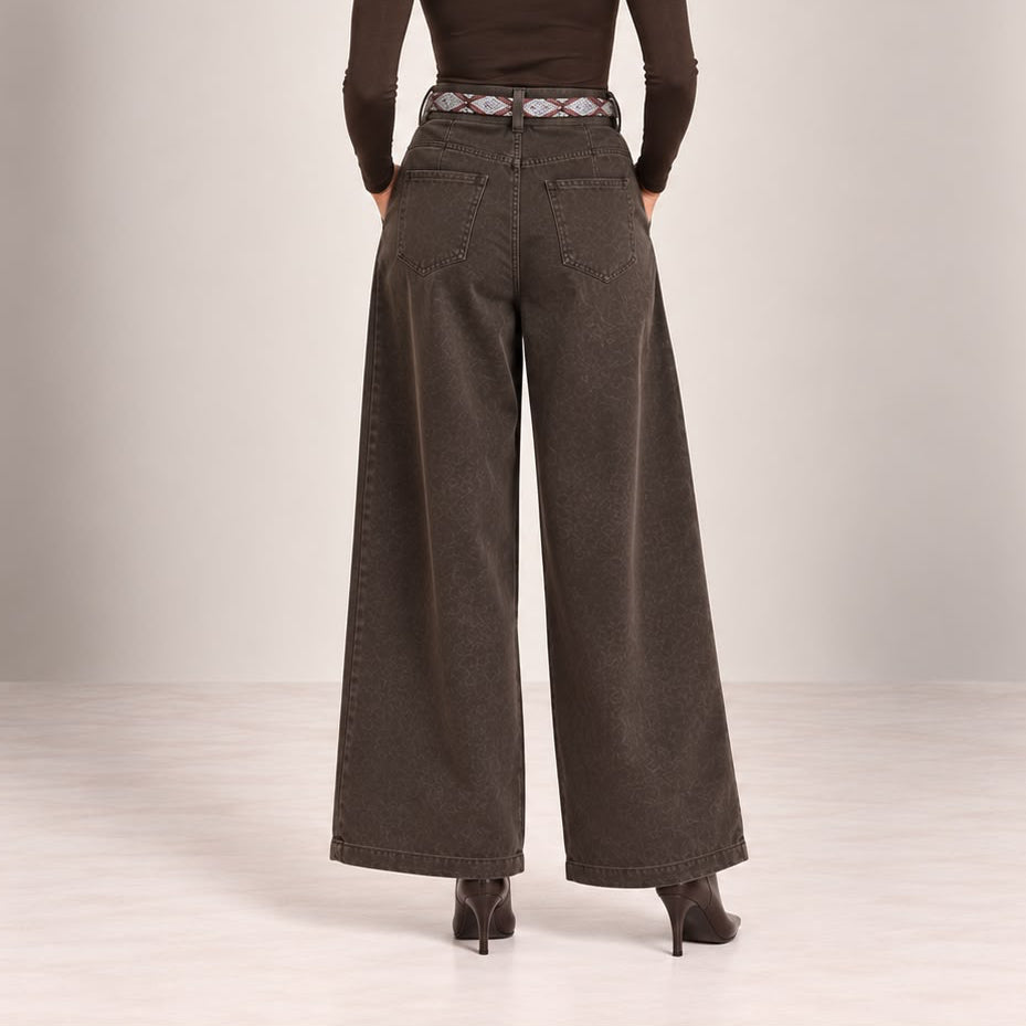 Velvet-Touch Wide-Leg Pants With Scarf Belt in Brown, back view