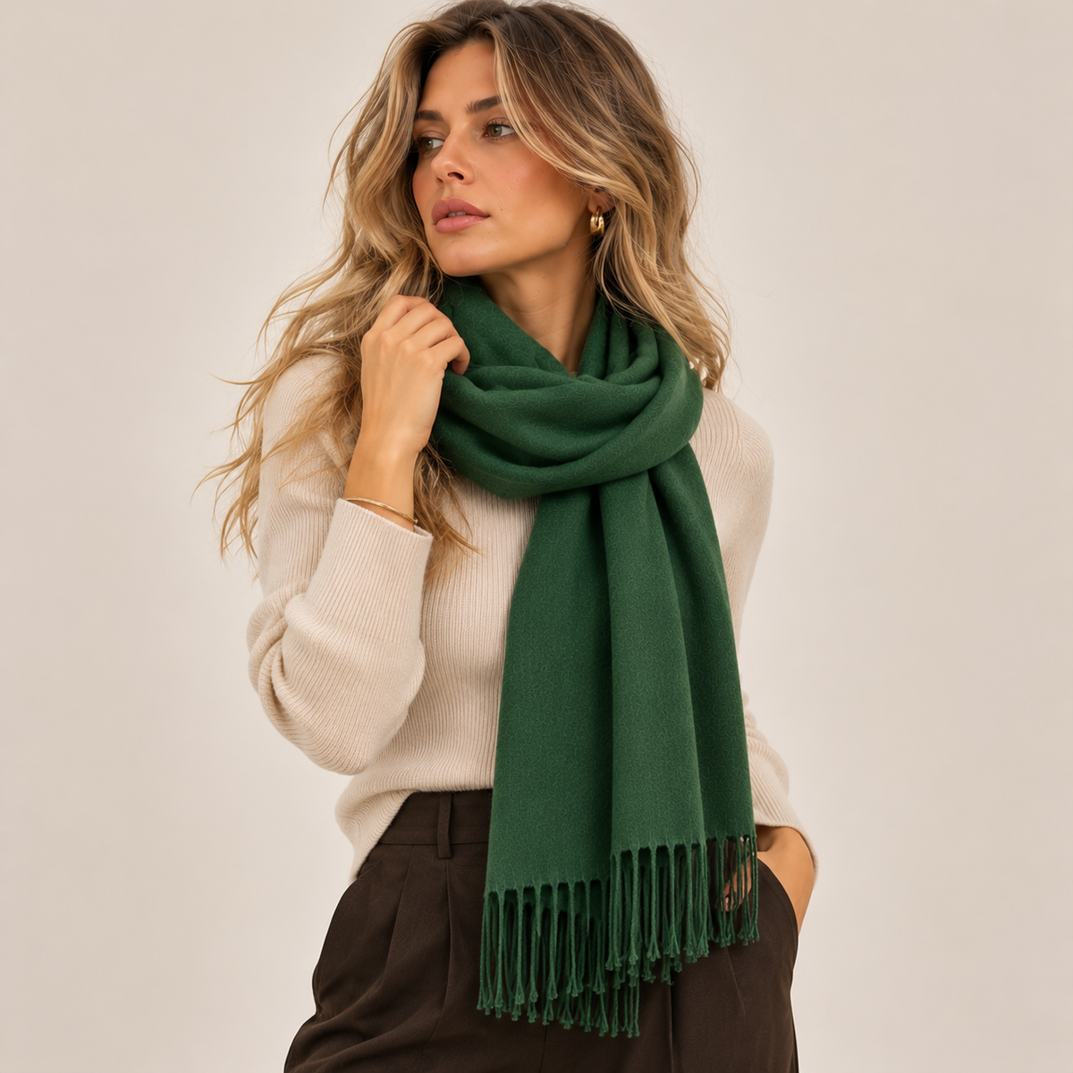 Classic Fringed Winter Scarf in Green, front view