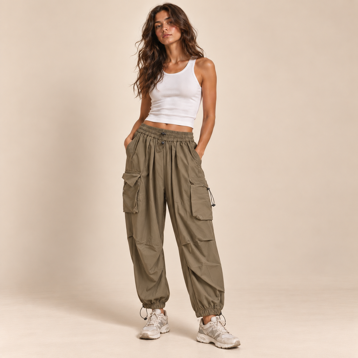Ruched-Knee Utility Cargo Pants in Brown, front view