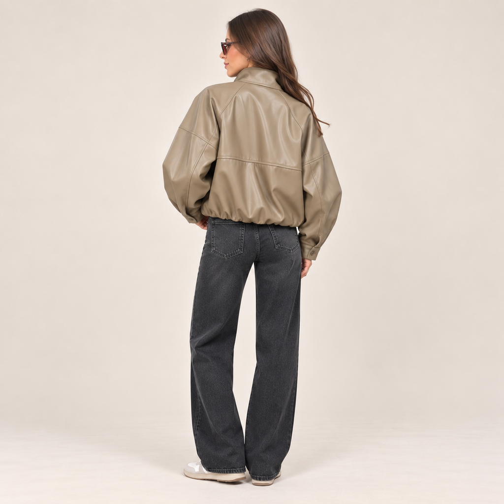 Faux Leather Utility Jacket in Beige, back view