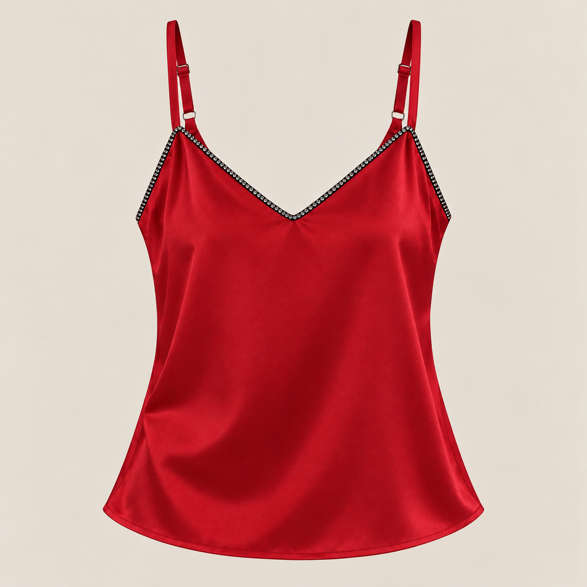 Rhinestone Trim Satin Cami Top in Red, product view