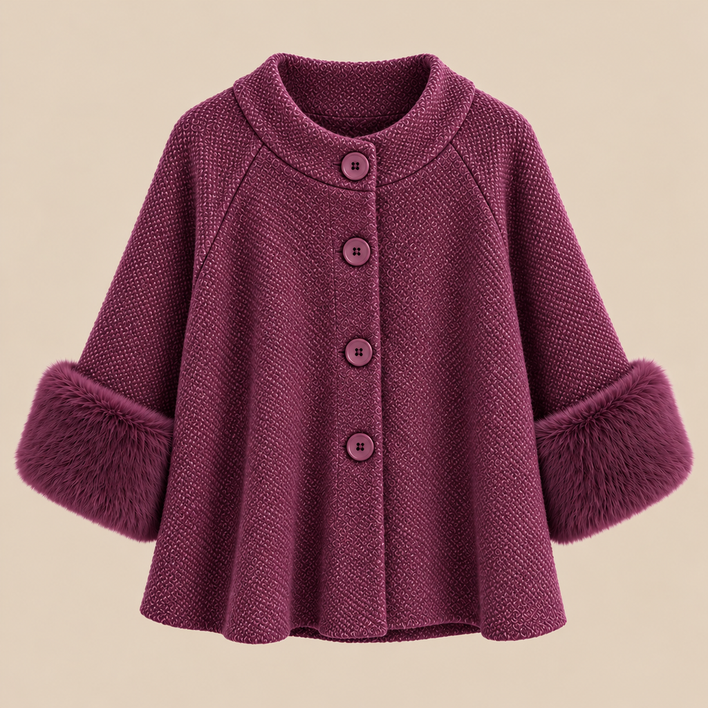 Knit Cape Jacket With Faux Fur Cuffs in Purple, product front view