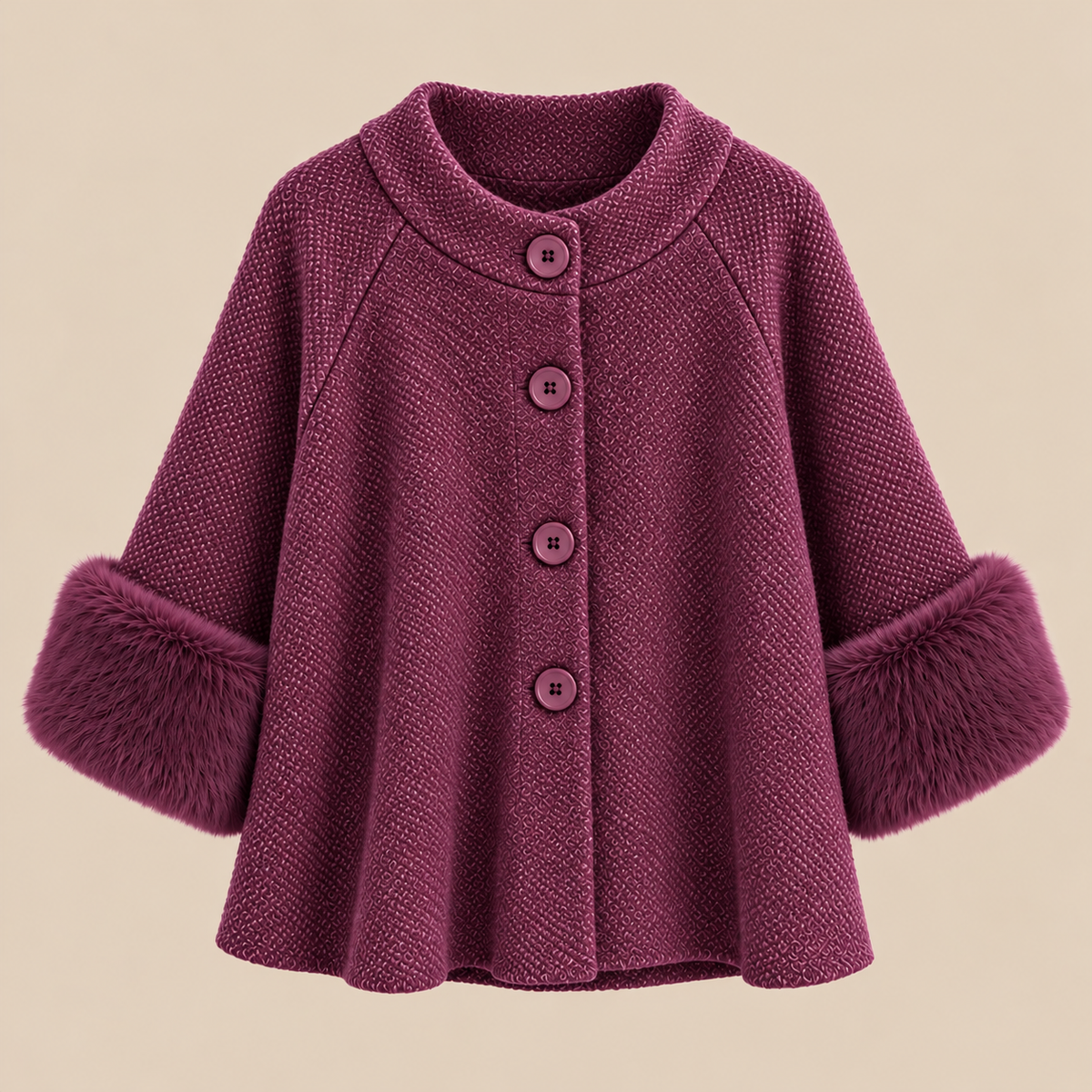 Knit Cape Jacket With Faux Fur Cuffs in Purple, product front view
