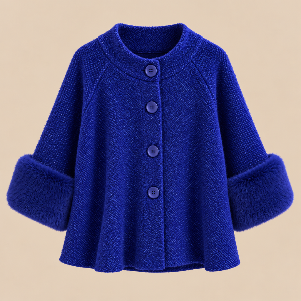 Knit Cape Jacket With Faux Fur Cuffs in Blue, product front view
