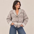 Nordic Knit Shawl Collar Cardigan in Beige and White, front view
