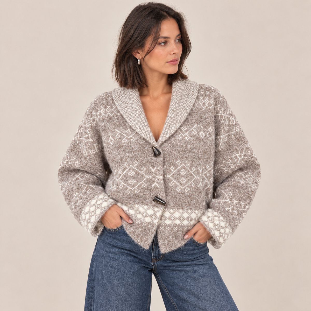 Nordic Knit Shawl Collar Cardigan in Beige and White, front view