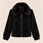 Teddy Jacket With Faux Fur Collar in Black, product view