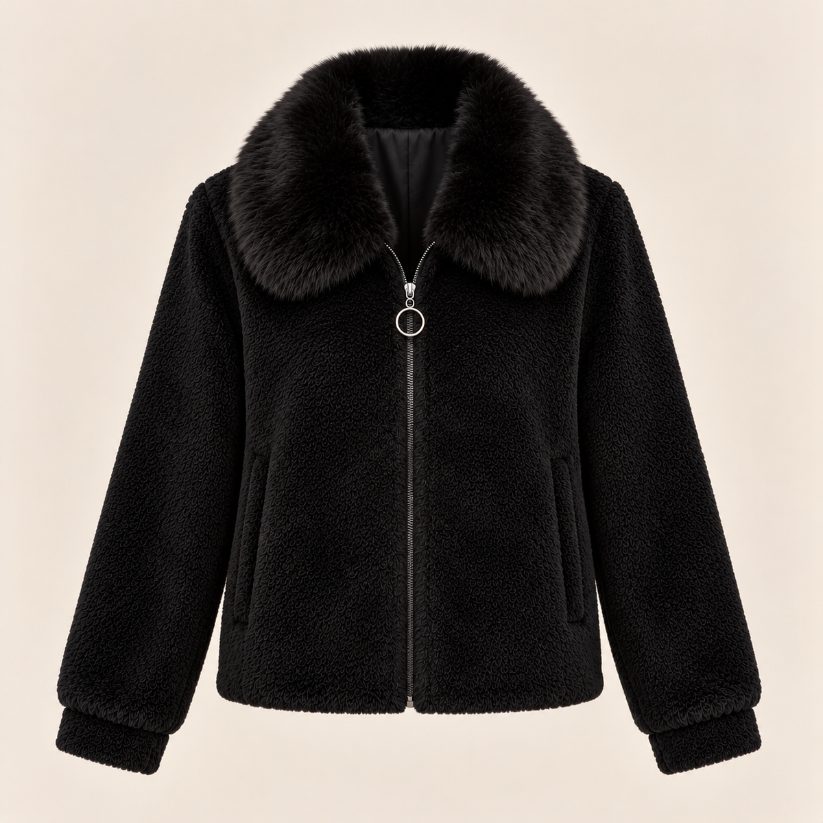 Teddy Jacket With Faux Fur Collar in Black, product view