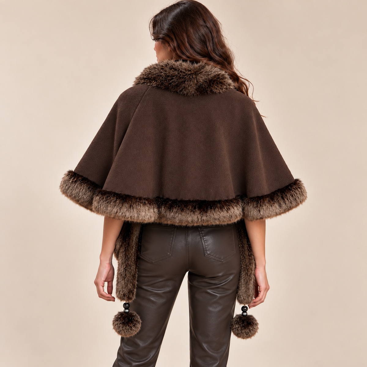 Faux Fur Trim Cape With Pom-Pom Ties in Brown, model back view