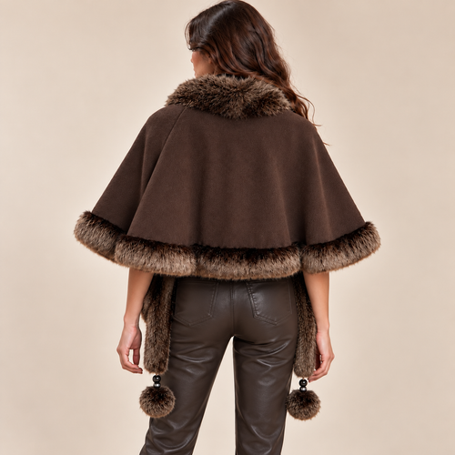 Faux Fur Trim Cape With Pom-Pom Ties in Brown, model back view