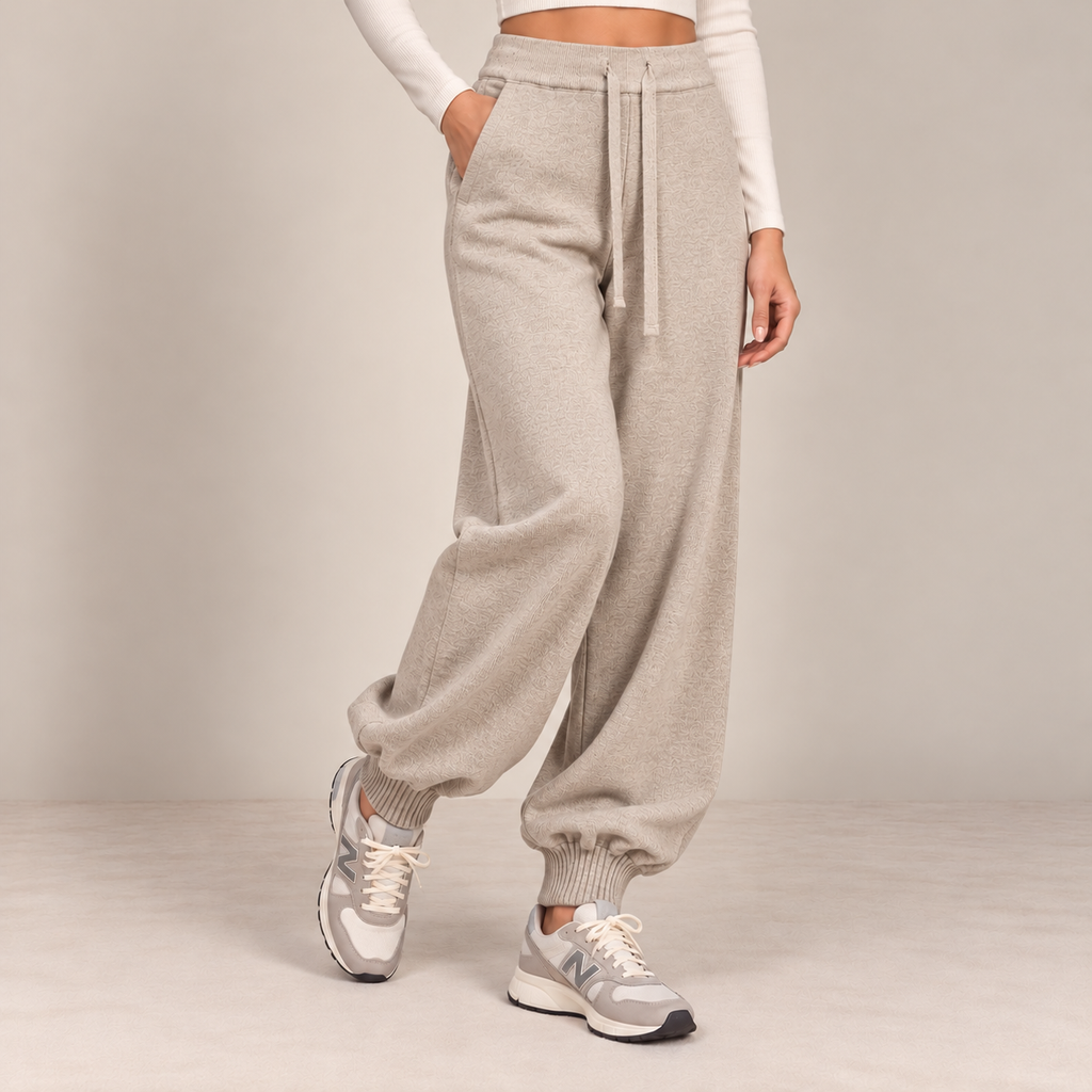 Knit Drawstring Joggers in Beige, front view