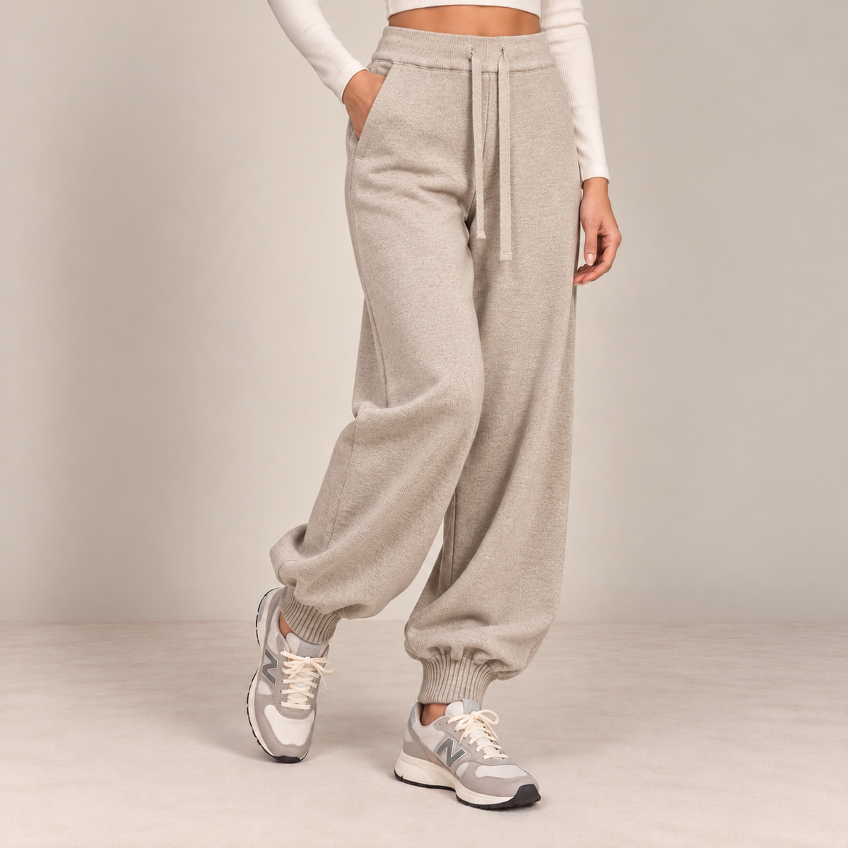 Knit Drawstring Joggers in Beige, front view