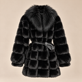 Belted Panelled Faux Fur Coat in Black, product front view