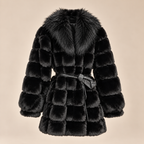 Belted Panelled Faux Fur Coat in Black, product front view