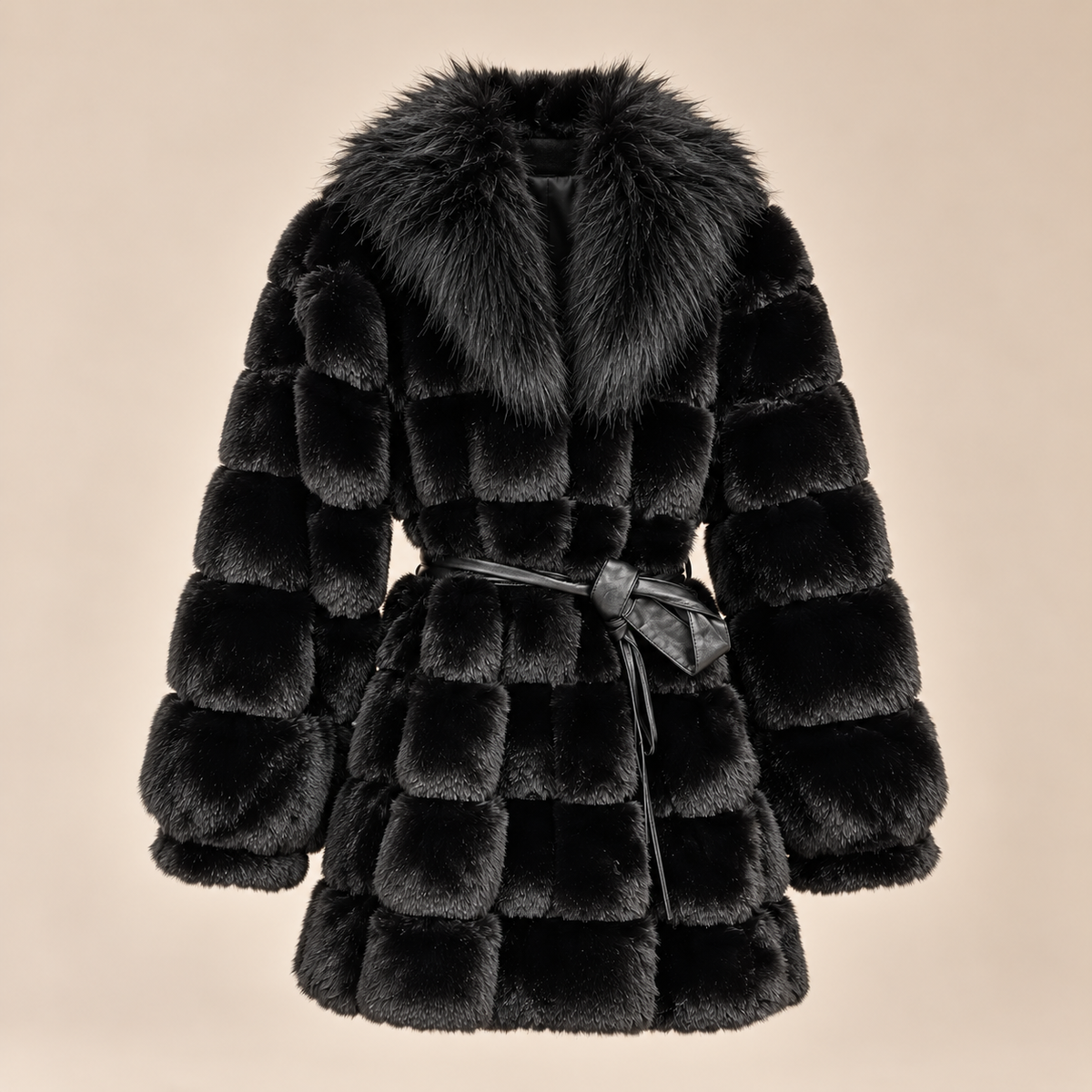Belted Panelled Faux Fur Coat in Black, product front view