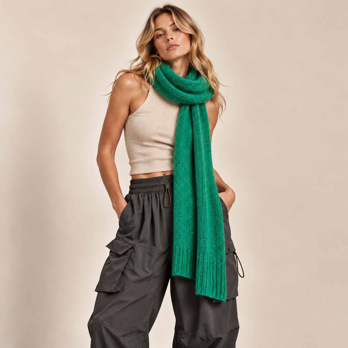 Fuzzy Ribbed Knit Scarf in Green
