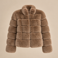 Panelled Faux Fur Jacket With Stand Collar in Brown, product front view