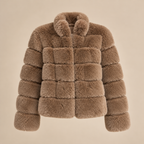 Panelled Faux Fur Jacket With Stand Collar in Brown, product front view