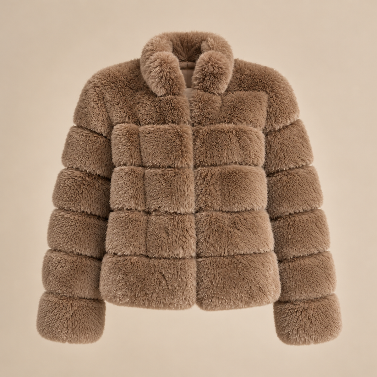Panelled Faux Fur Jacket With Stand Collar in Brown, product front view
