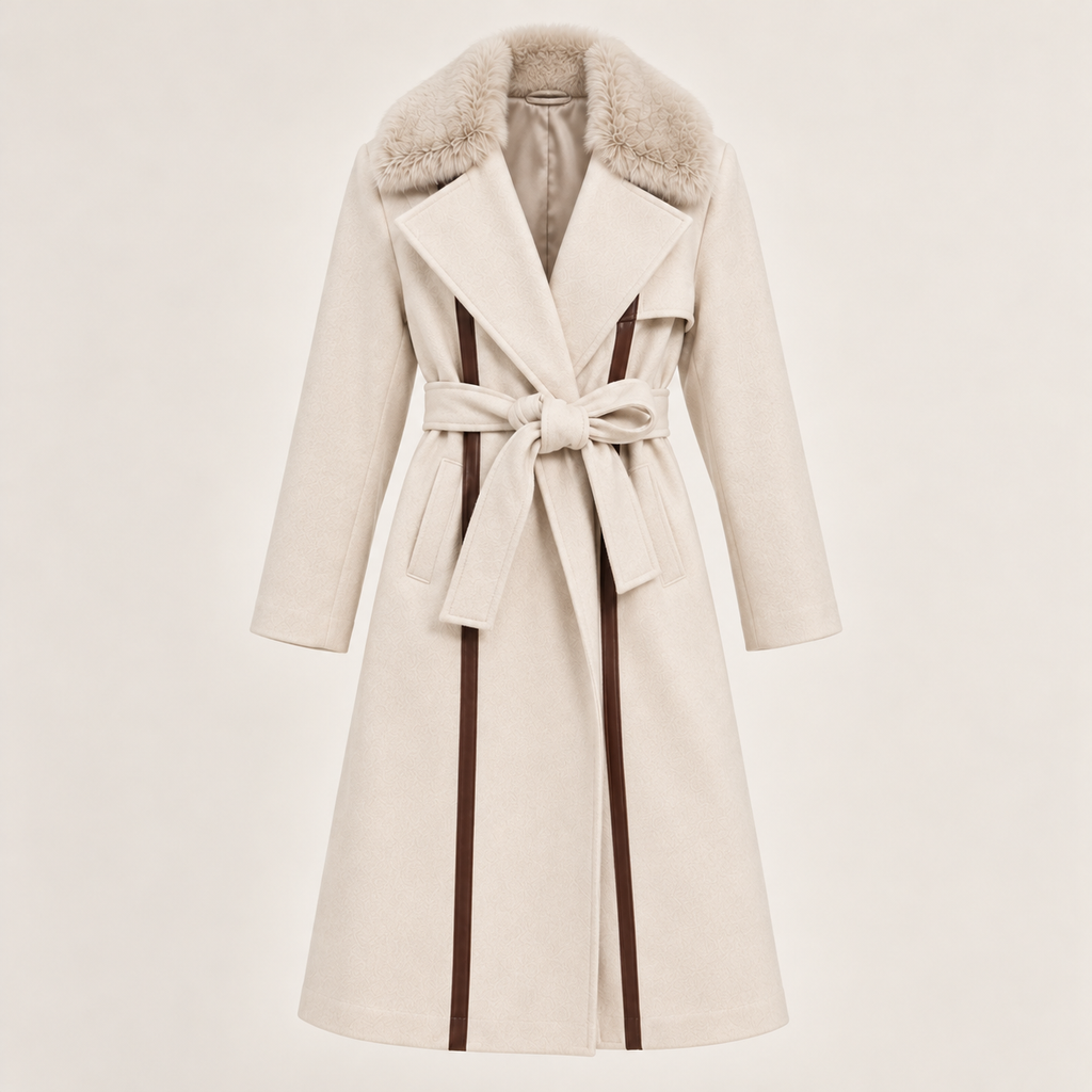 Belted Faux Fur Collar Coat With Contrast Piping in Cream, product view