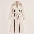 Belted Faux Fur Collar Coat With Contrast Piping in Cream, product view