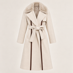 Belted Faux Fur Collar Coat With Contrast Piping in Cream, product view
