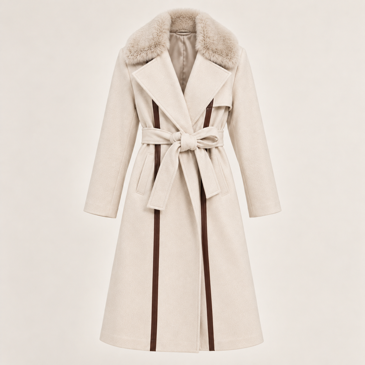 Belted Faux Fur Collar Coat With Contrast Piping in Cream, product view